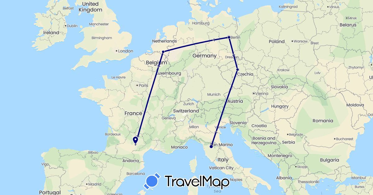 TravelMap itinerary: driving in Czech Republic, Germany, France, Italy, Netherlands (Europe)